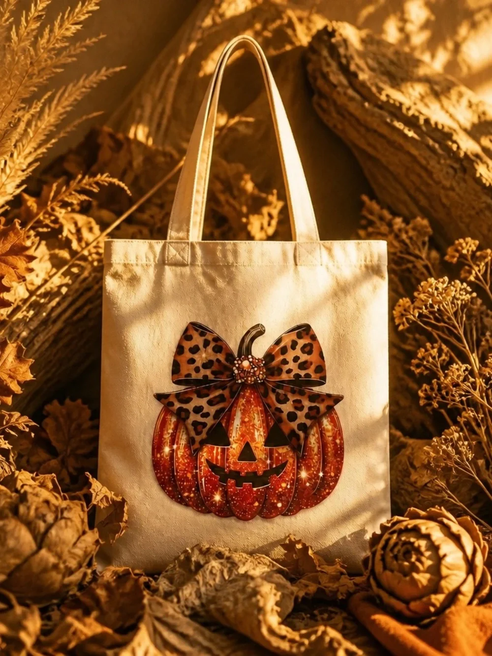 Cream Halloween Pumpkin Tote Bag with Leopard Bow Canvas